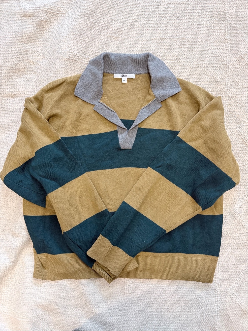 UNIQLO Striped Rugby Sweater - Olive & Teal with Gray Collar